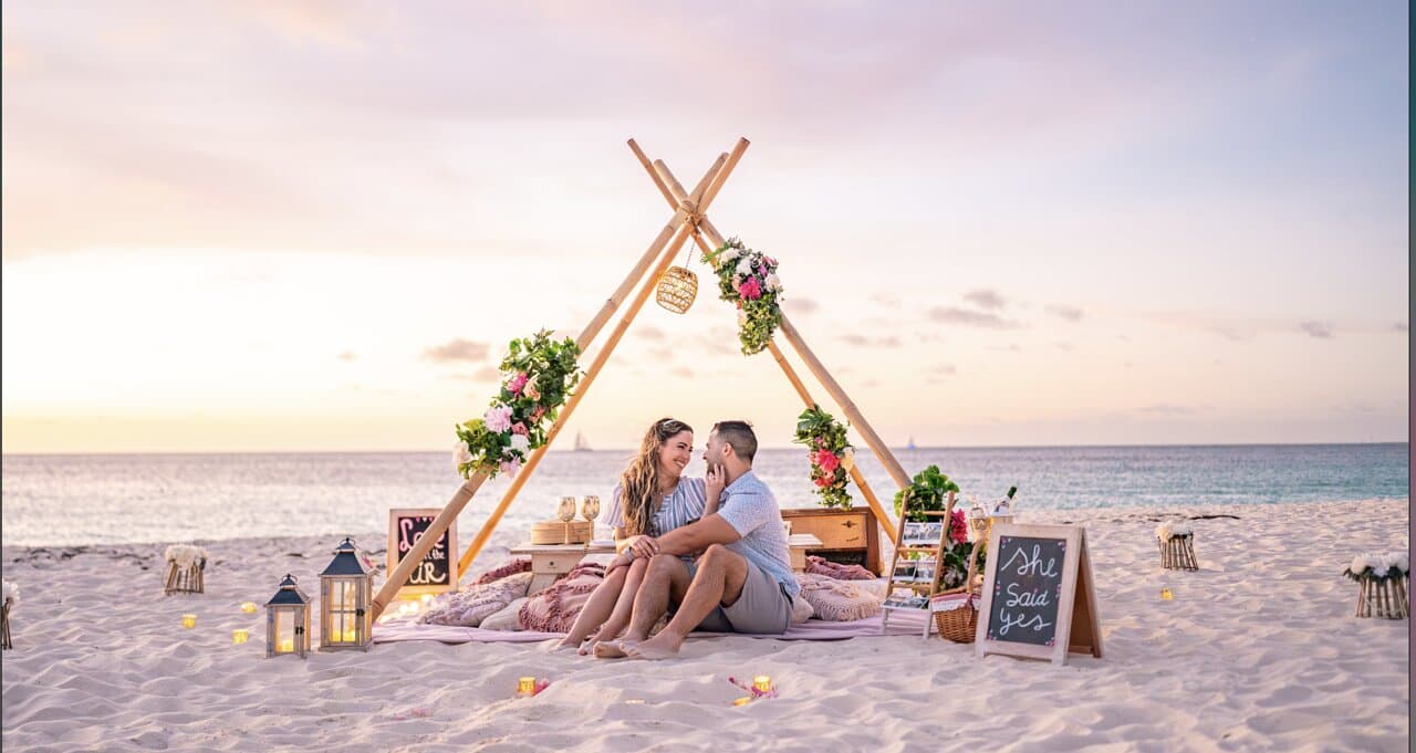 Our evening picnics, proposals, vow renewals and weddings are done at the beat time for catching that Aruban sunset