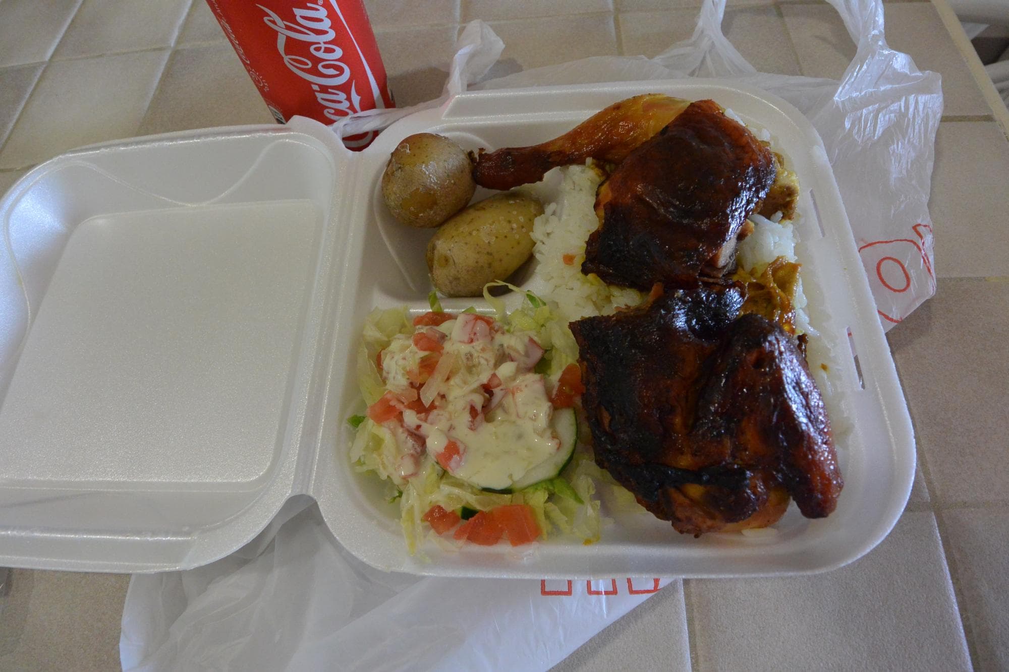 Roast Chicken take-away from Shoco Snack, Aruba.